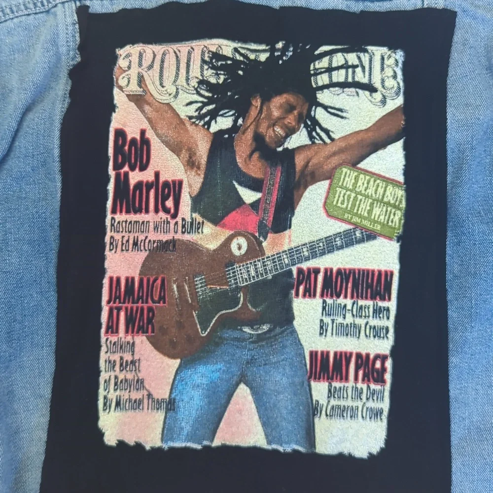 Bob Marley Frayed Jean Jacket upcycled one of a kind Small - Picture 3 of 5